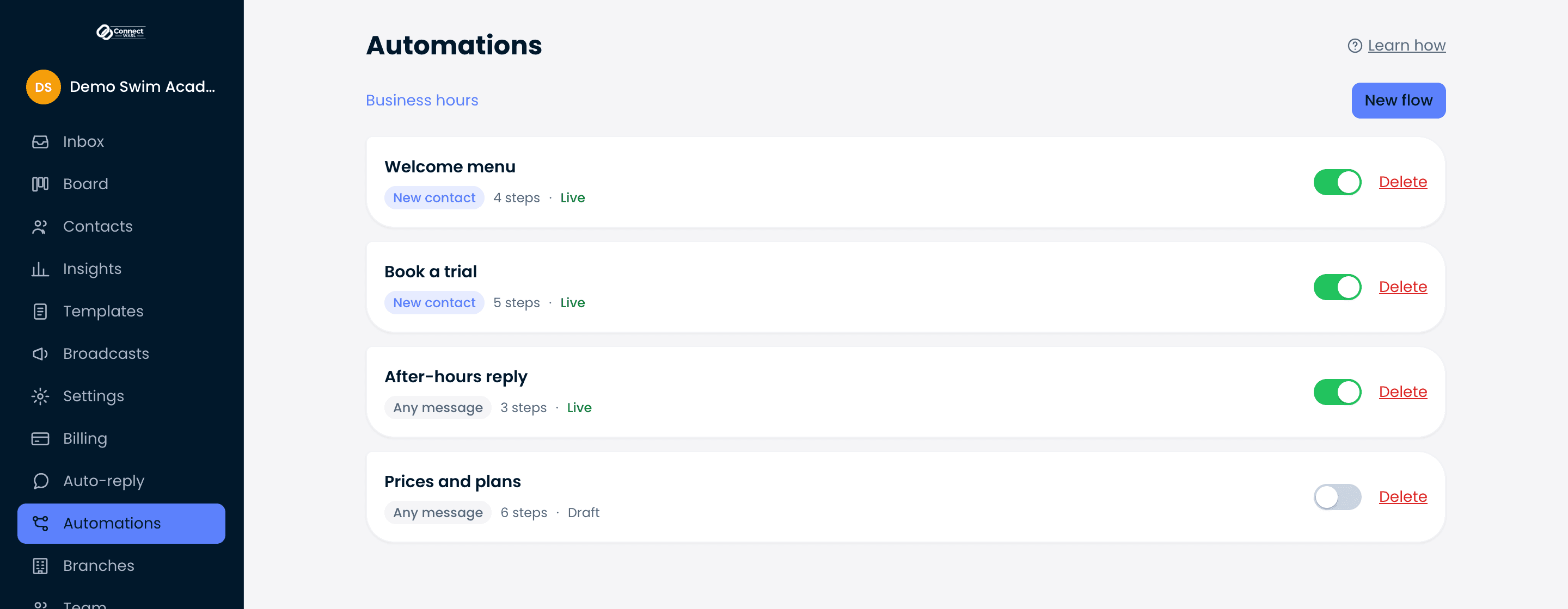 The Connect Wasl automations list: a welcome menu, trial booking and an after-hours reply switched on