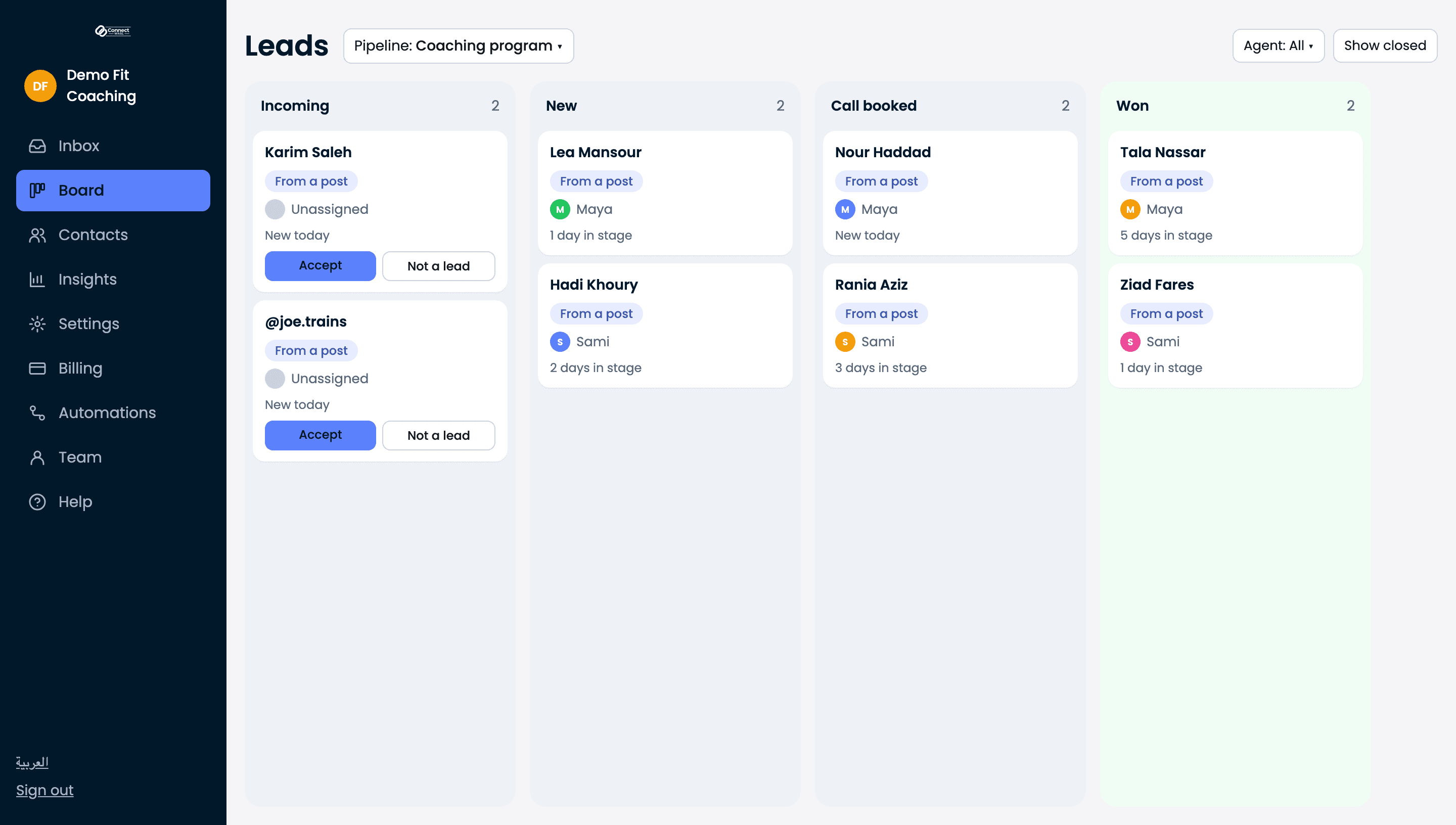 The Connect Wasl lead board with Instagram leads in stages from new to call booked to won