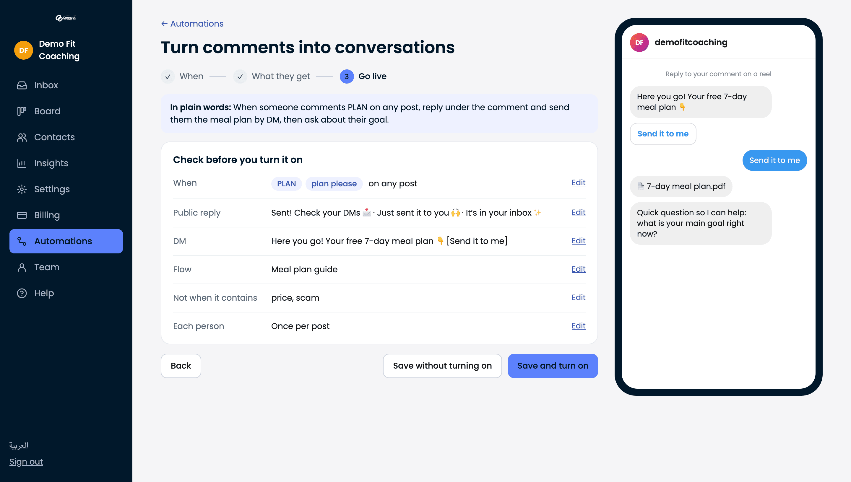 A comment-to-DM rule in Connect Wasl that replies to the keyword PLAN and sends a guide by DM
