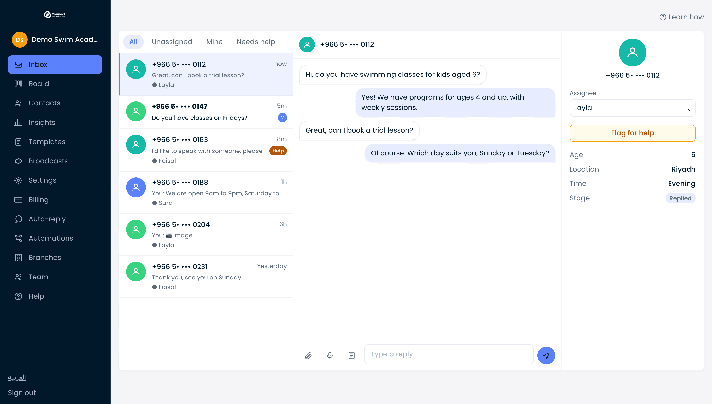 The Connect Wasl shared inbox: conversation list, an open WhatsApp conversation, and the customer panel with the assigned team member