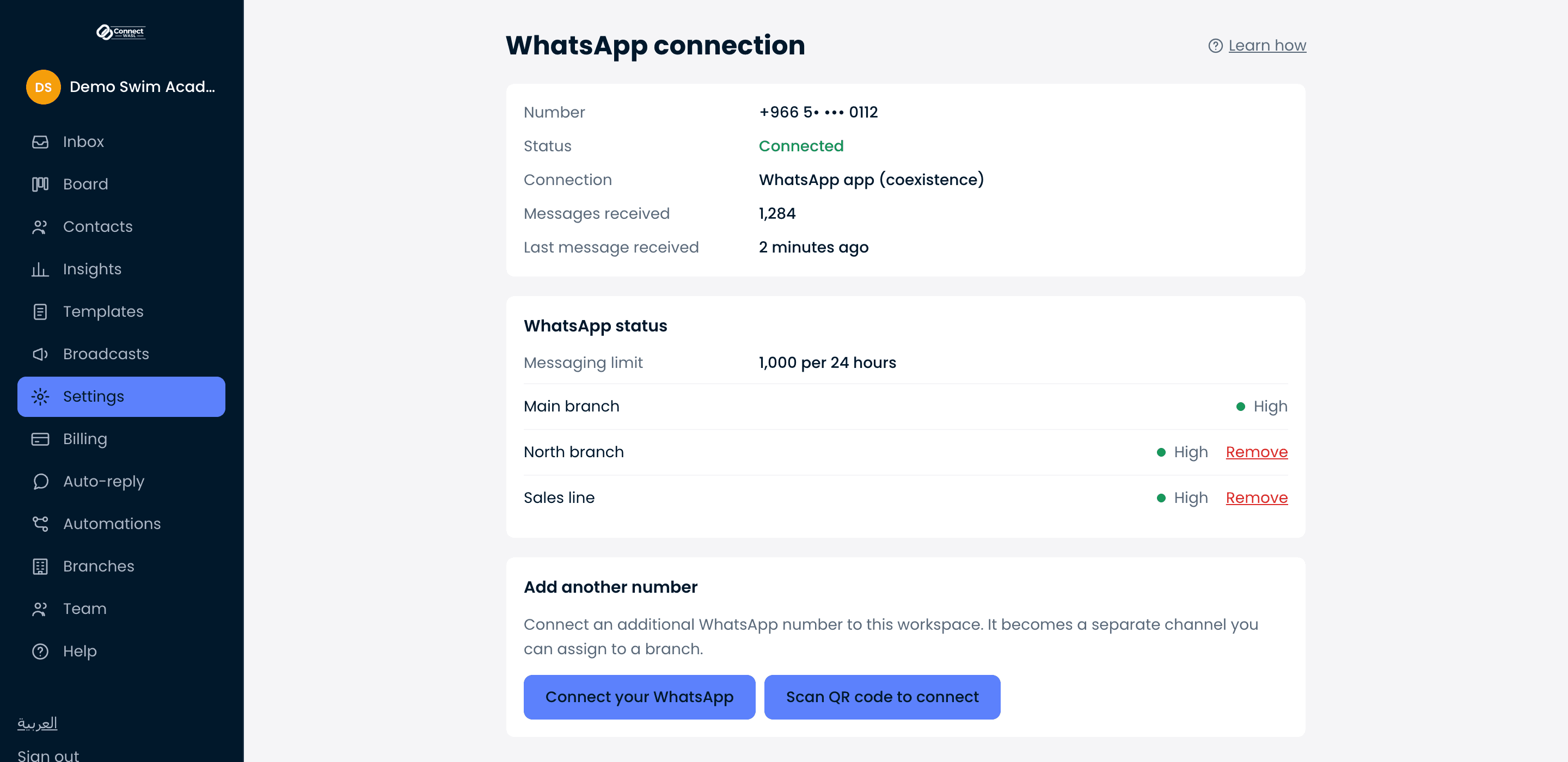 Connect Wasl WhatsApp connection settings with three connected numbers at high quality